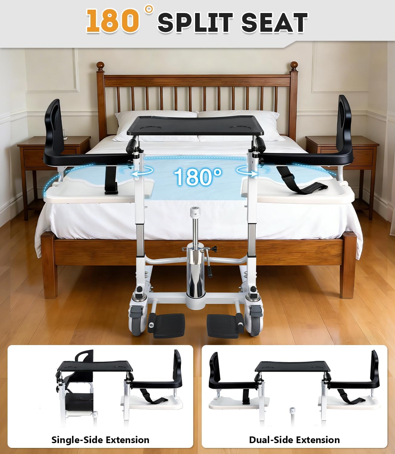 Patient Lift Transfer Chair, 6 in 1 Patient Lift Chair with 180°Split Seat for Home, Height Adjustable Portable Lift Nursing Chair with 4 Casters, Commode & Seat Cushion for Seniors Elderly, 350LBS