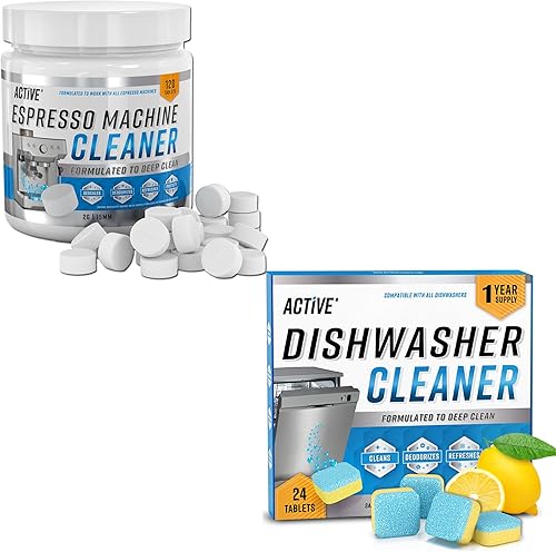 ACTIVE Limpiador de máquina espresso y limpiador de lavavajillas, incluye 120 tabletas de limpieza para máquina de café espresso y 24 tabletas de