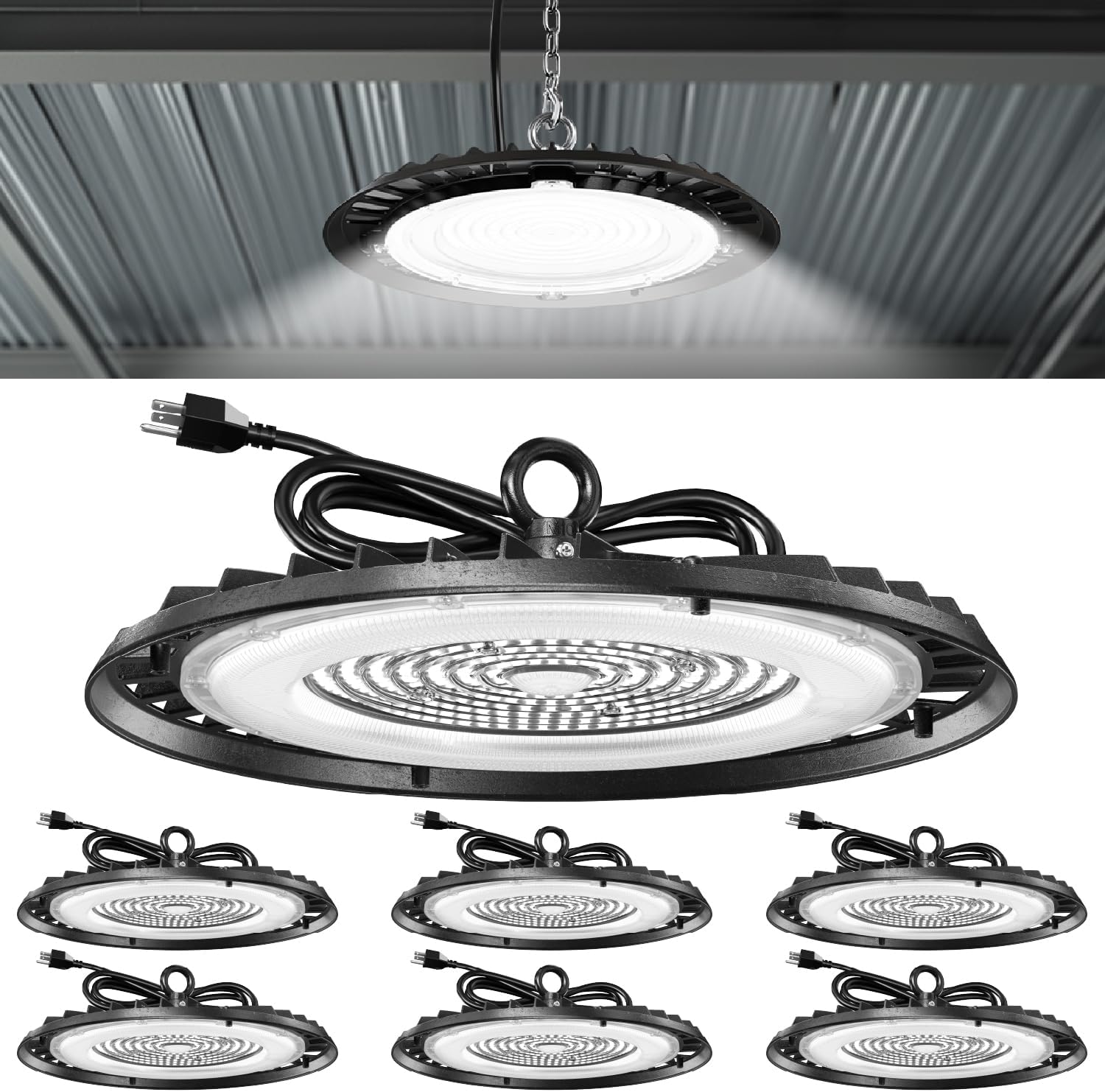 Sunco 6 Pack UFO LED High Bay Light, 200W, 28000 Lumens, 5000K, 0-10V Dimmable, 120V, IP65 Wet-Rated, Ultra Bright Plug&Play Commercial Shop Lights for Warehouse, Factory, Workshop, Garage, Barn, UL