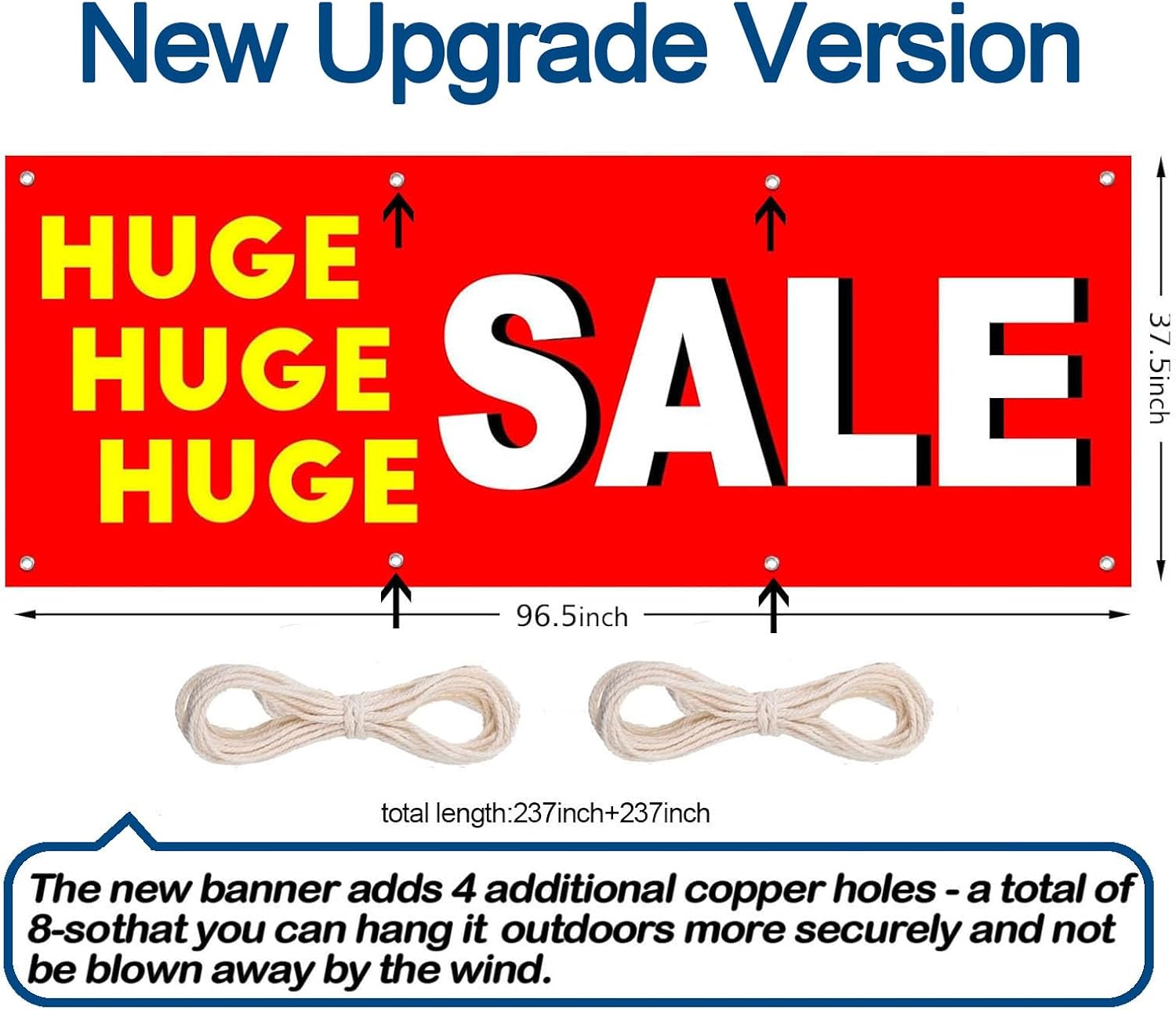 New Upgrade Huge Sale Banner, 3.1 x 8.04 Feet Yellow and Red Durable Huge Sale Sign with 2 Hemp Rope for Outdoor Indoor Big Sale Season Decorations Flags Signs Heavy-Duty Vinyl Single-Sided with Metal Grommets Reusable Sale Signs