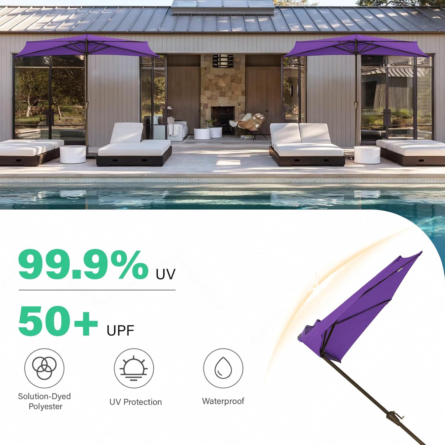 JEAREY 9ft Half Umbrella Outdoor Patio Umbrella Market Umbrellas with Crank, 1/2 Round Wall Umbrella 5 Sturdy Ribs UV Protection for Pool Garden Balcony Deck, Grape Purple