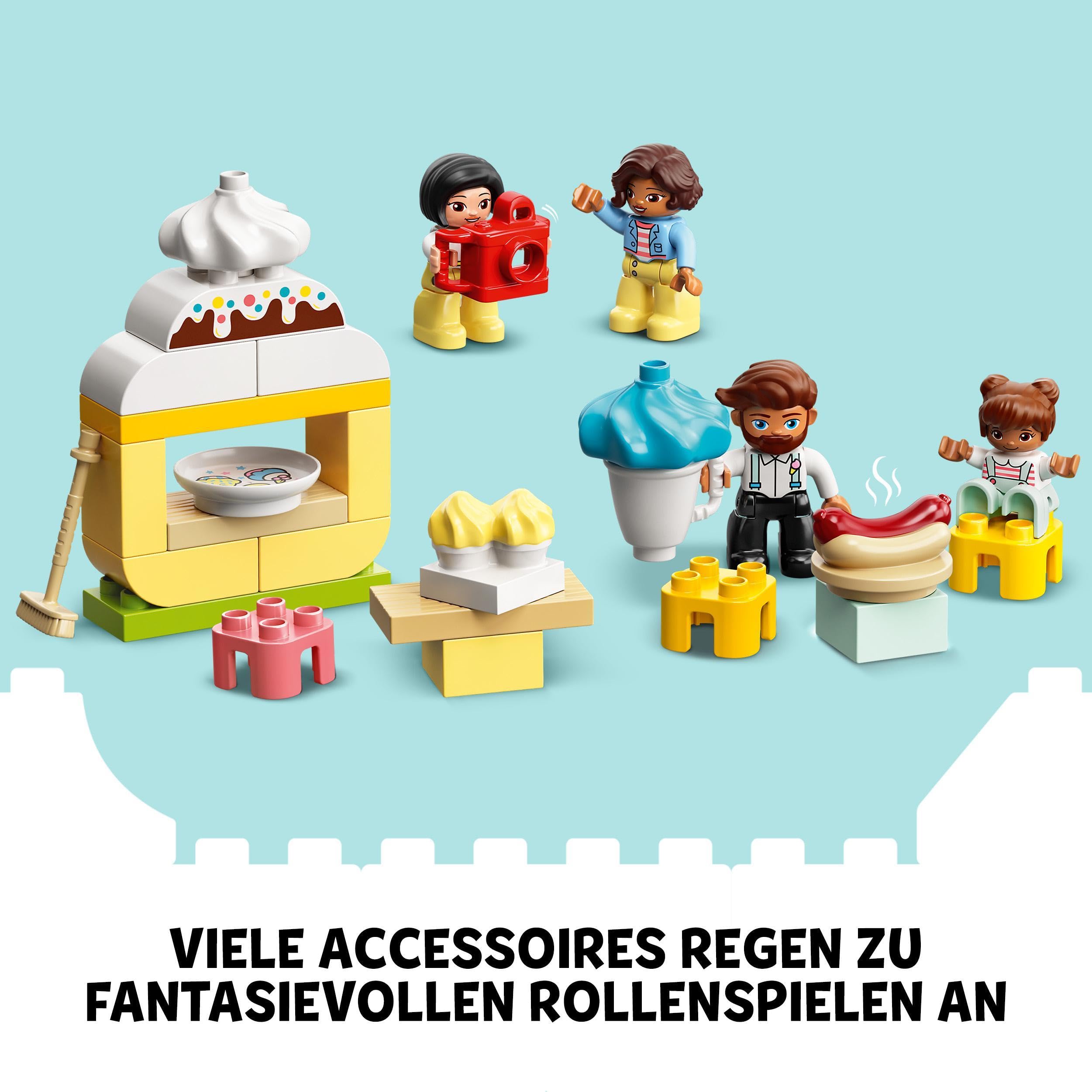 LEGO 10956 DUPLO Erlebnispark, Kinderspielzeug ab 2 Jahre mit Jahrmarkt und Zug für Mädchen und Jungen, Steine zum Bauen und Minifiguren