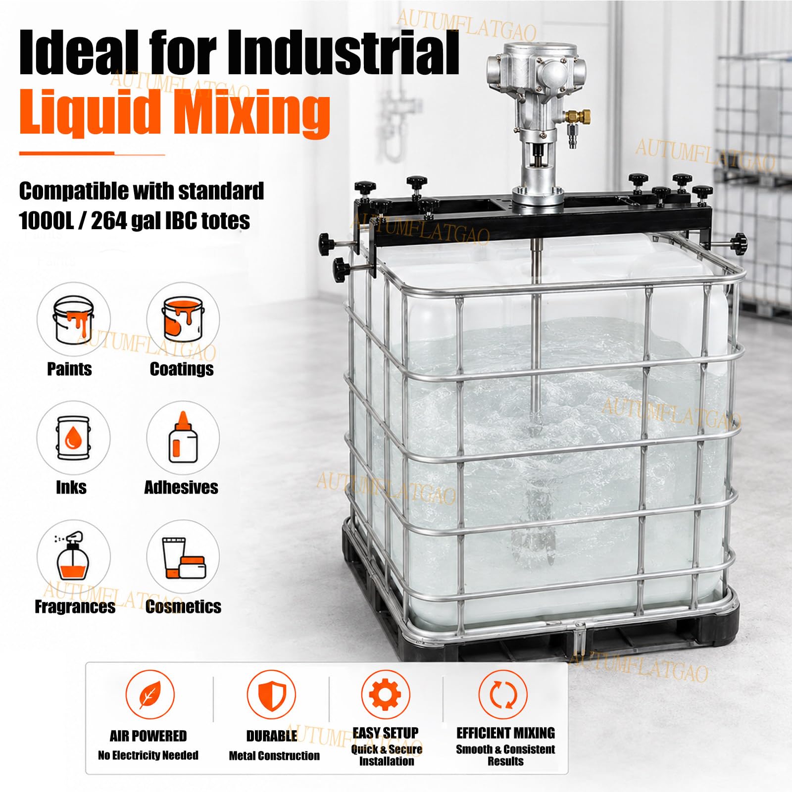 Agitatore Pneumatico 370W per Serbatoio IBC, Miscelatore per Cisterne con velocità Variabile 0-2500 Giri/Min, Girante Pieghevole in Acciaio Inox per Rivestimenti, Adesivi, Fragranze