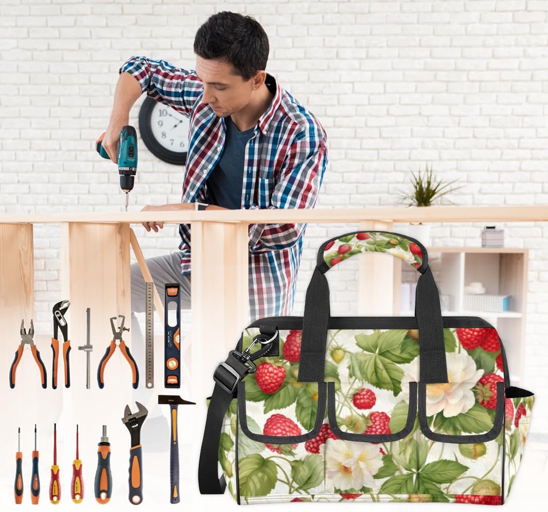 Cute Mulberry Pattern Tool Bag with Multi-Pockets Wide Mouth Tool Tote Bag for Women and Men Waterproof Tool Organizer Storage Bag with Adjustable Shoulder Strap and Ergonomic Handle