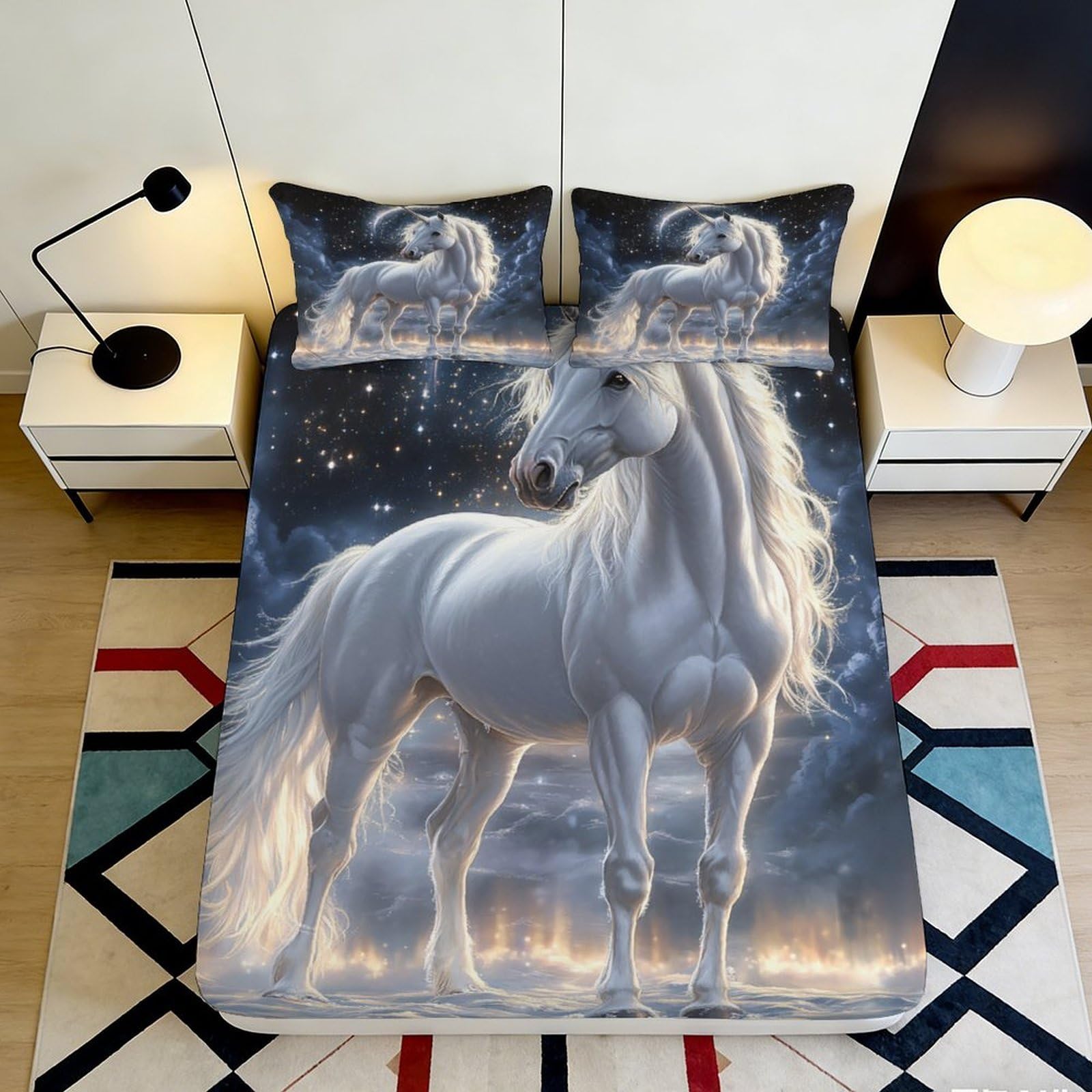 3D Printed White Unicorn Fitted Sheet Microfiber Soft Breathable Starry Sky Bed Cover for Bedroom Dormitory Guest Room Mattress Protection Decor 120x200x25cm