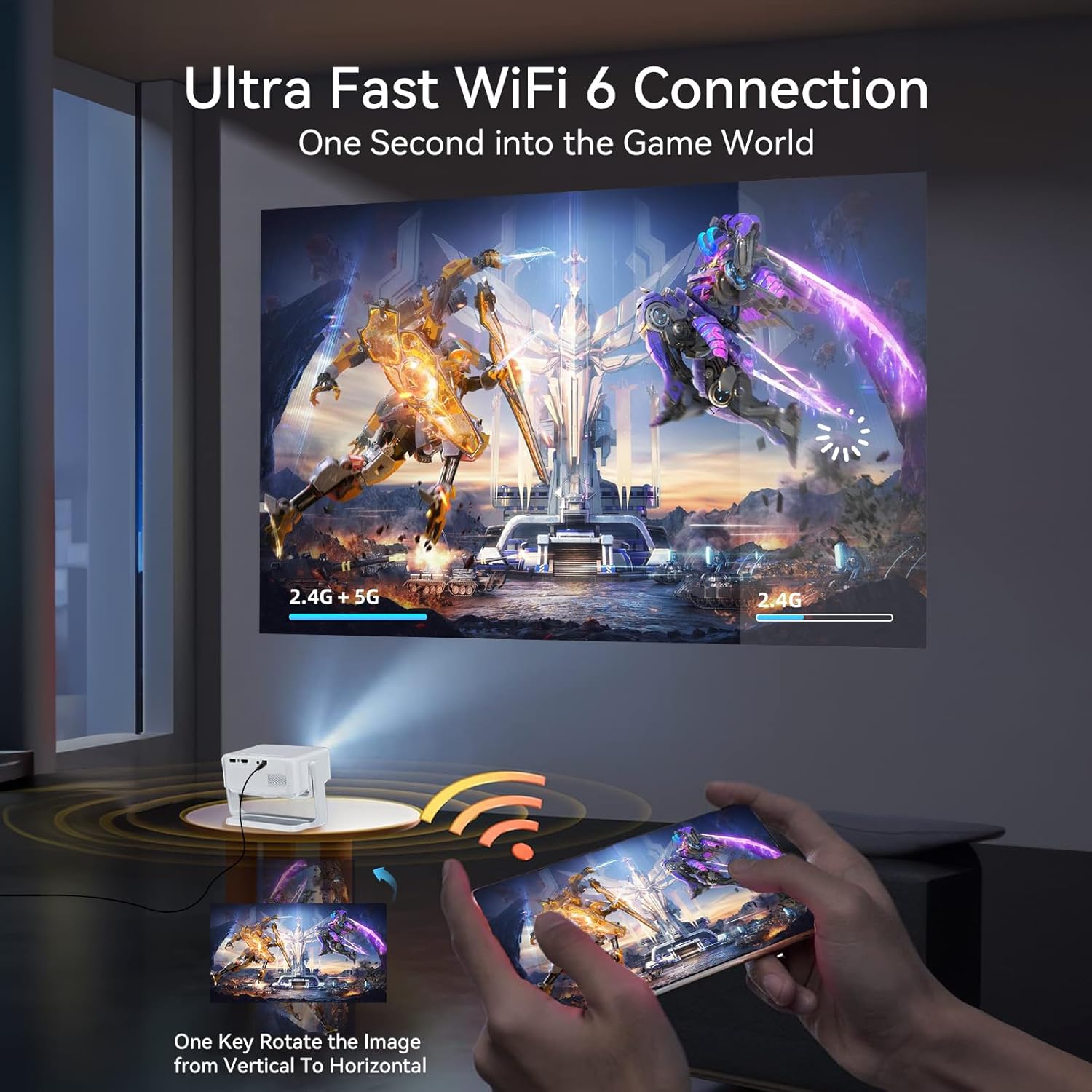Image illustrating WiFi 6 connection with a projector and a smartphone