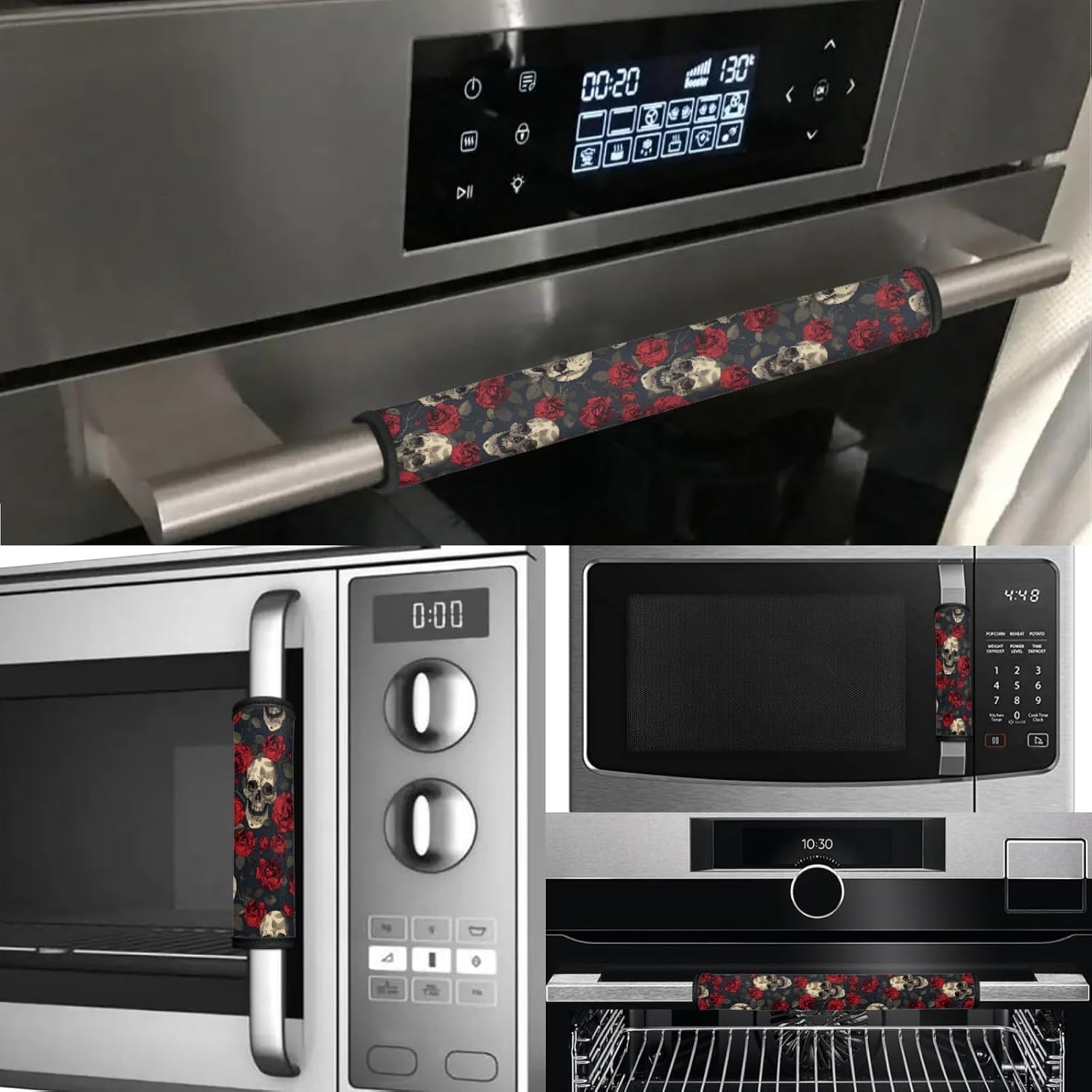 Halloween Skull Fridge Door Handle Covers Set of 6, Anti-Skid Kitchen Appliance Armrest Decoration Mat for Fridge Dishwashers Microwave Kitchen Halloween Decorations,Rose Red