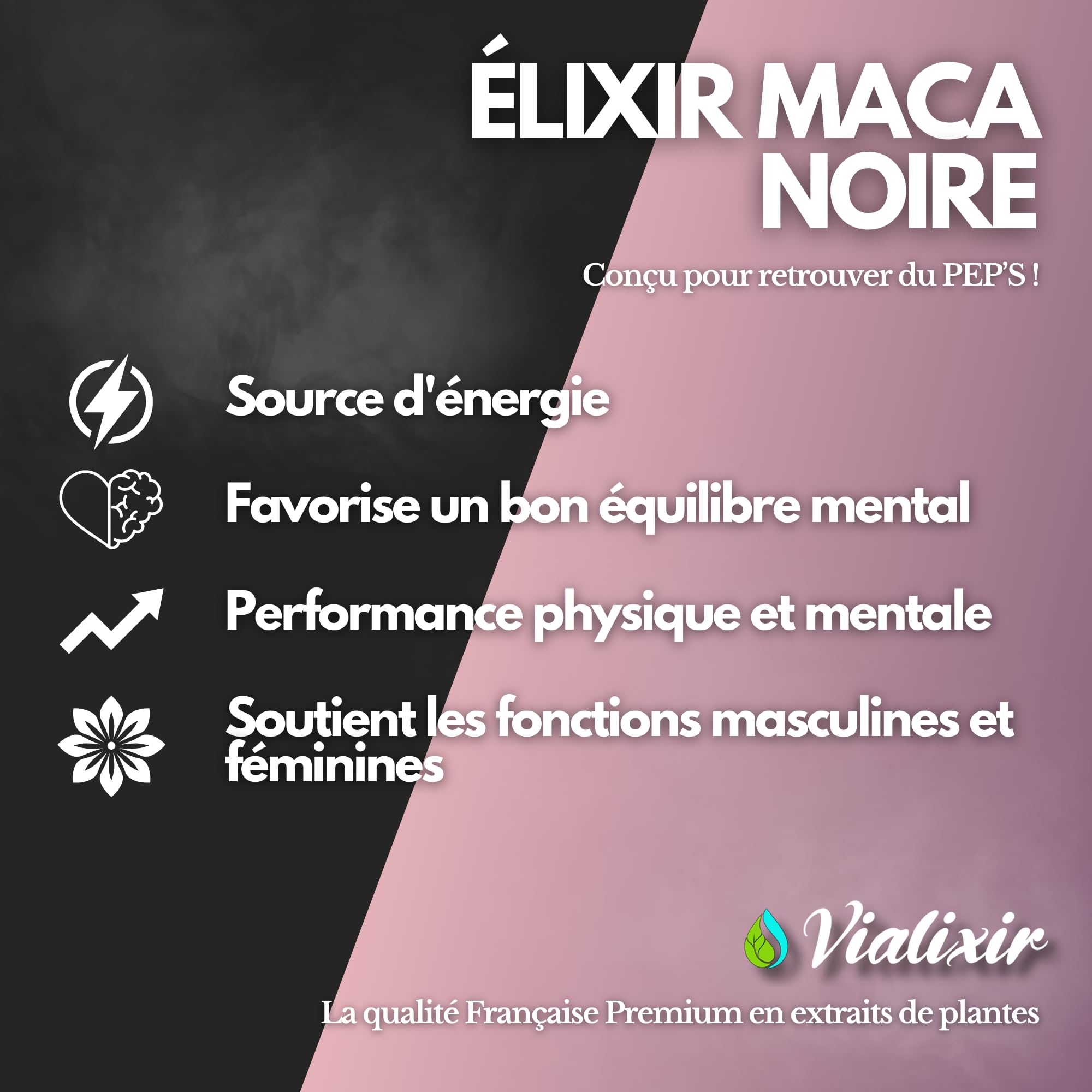 Maca Noire 20 000mg/jour Extra Forte | 90 Gélules Végan | Energie Equilibre Hormonal Détente I Extrait de Racine du Pérou concentré 10:1 I Ginseng Péruvien Made in France -Vialixir