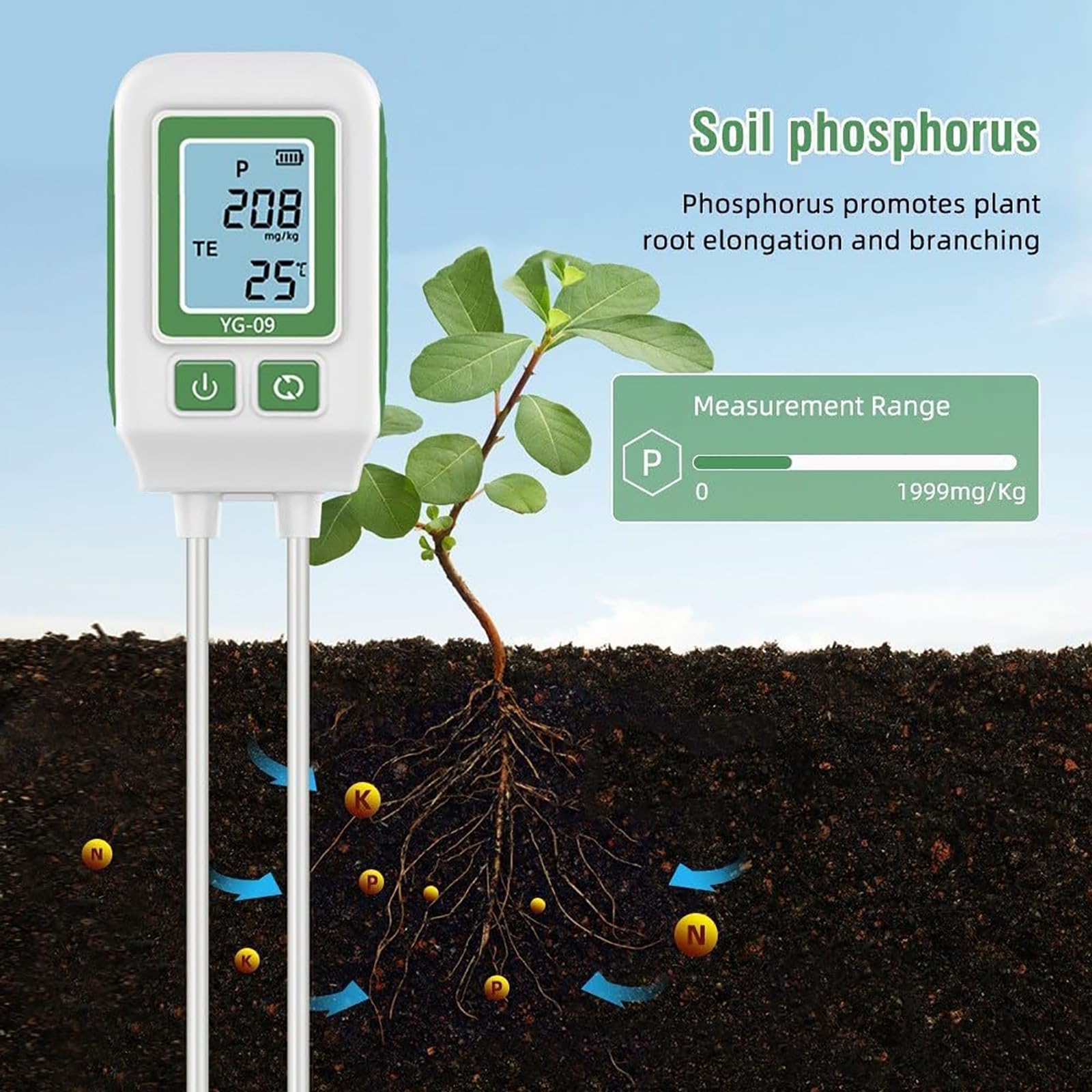 Medidor de suelo, sensor de temperatura digital NPK con LCD, rango NPK 0-1999 mg/kg, rango de temperatura de 0°C-60°C, apagado automático para pruebas de suelo