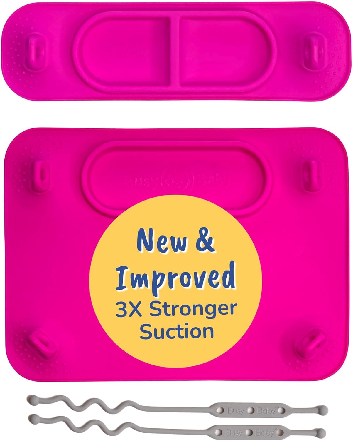 BUSY BABY Silicone Mat Bundle - 1 Original Mat Plus 1 Mini Mat, New Stronger Suction Cups, 6 Straps to Secure Baby Essentials and Keep Them Off The Floor, Baby Led Weaning, Wet Bag Included (Pink)