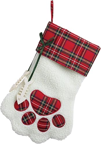 Vista 9 de Personalized Planet Calcetín de Navidad con nombre de mascota bordado personalizado, sherpa sintético blanco con puño a cuadros rojos y detalles