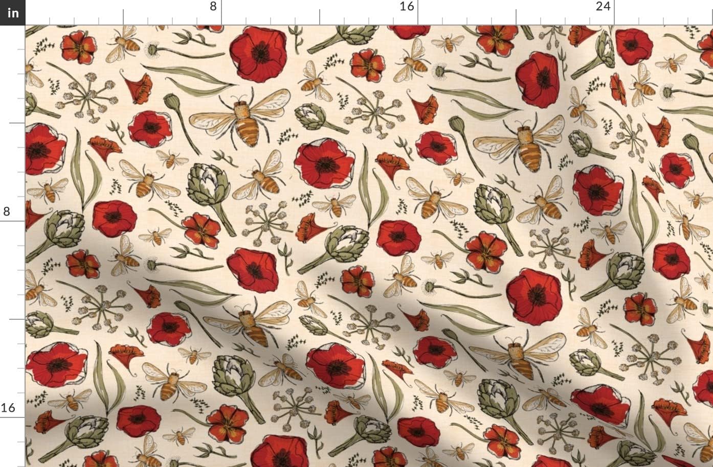 Spoonflower Fabric - Art Bee Bees Artichoke Poppy Floral Hive Honeybee Smaller Scale Printed on Organic Cotton Sateen Fabric by The Yard - Sewing Quilting Apparel Home Decor