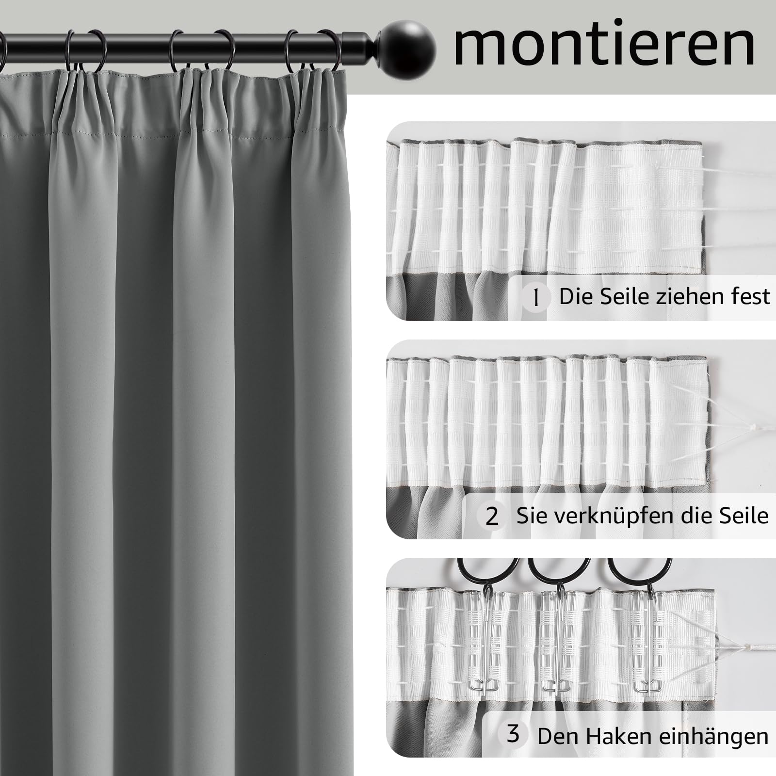 DWCN Gordijnen, ondoorzichtig, met plooiband, set van 2, 140 x 145 cm (B x H), verduisteringsgordijnen, gordijnstropdassen, gordijnen, woonkamer, slaapkamer, thermogordijn, bescherming tegen kou