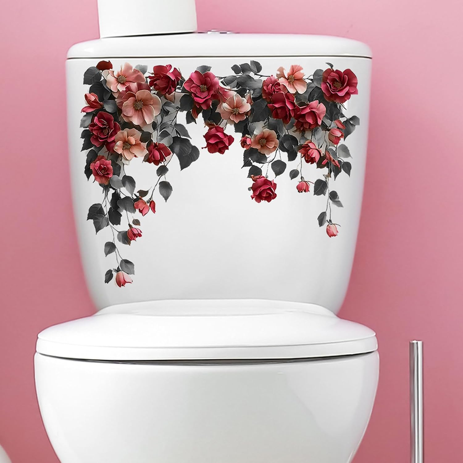 Valentine's Day Rose Flower Toilet Cover Sticker Decals,Self-Adhesive Waterproof PVC Spring Flower Toilet Lid Tank Seat Decals Bathroom Bouquet Sticker for Valentine's Day Decorations Wall Stickers