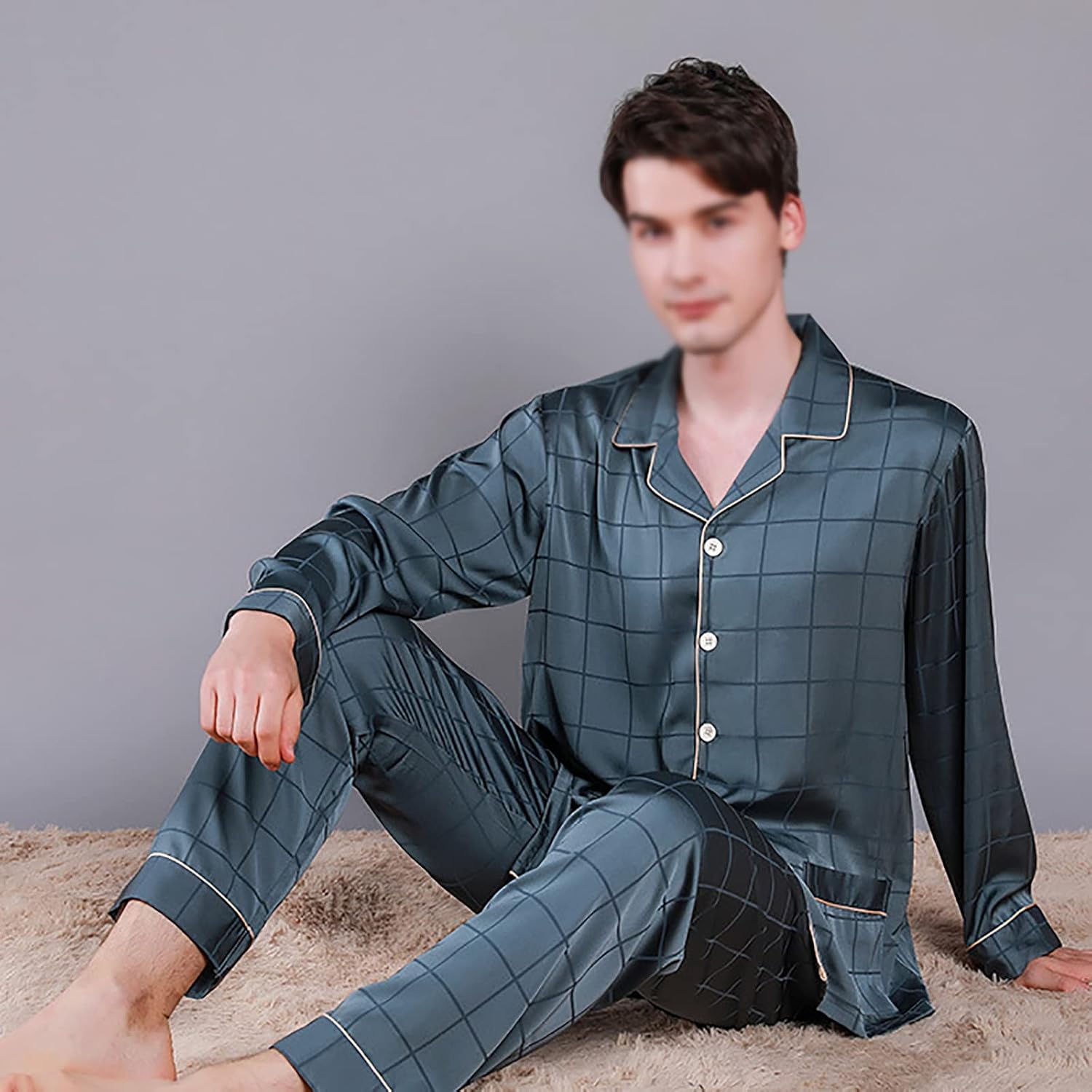 YYZKYTO Silk Pyjamas Set,Long Sleeve Sleepwear Plaid Top & Pants Satin Loungewear Set Dressing Gown Nightgown with Pockets for Men