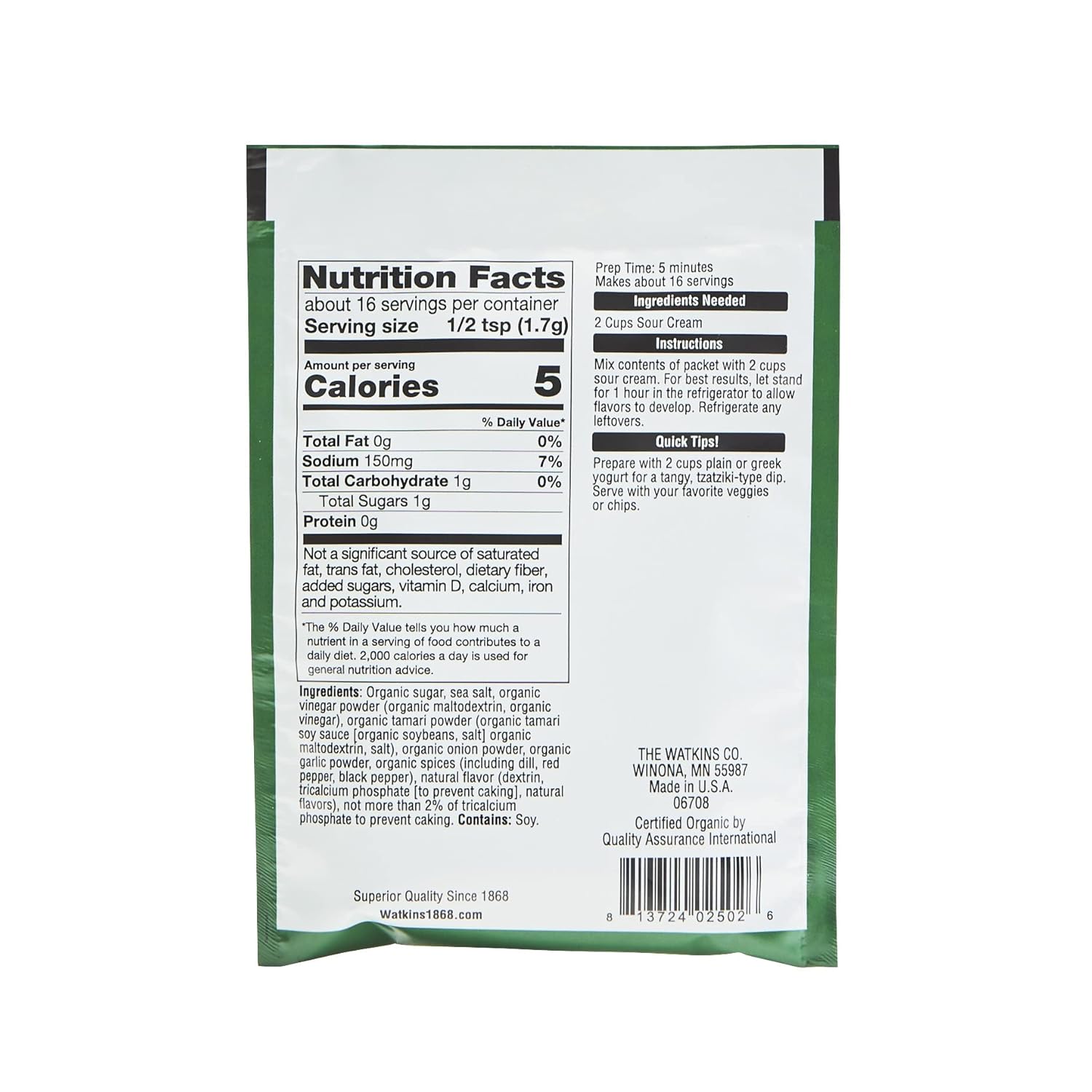 Watkins Organic Gourmet Dip Mix, Cucumber & Dill,0.95 Ounce (Pack of 12)