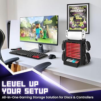 TNP Switch Organizer Station Game Storage Tower Stand for Nintendo Switch OLED with Dock Holder, 10 Game Case Vertical Shelf, 4 Controller Rack, Joy-con Drawer, Black