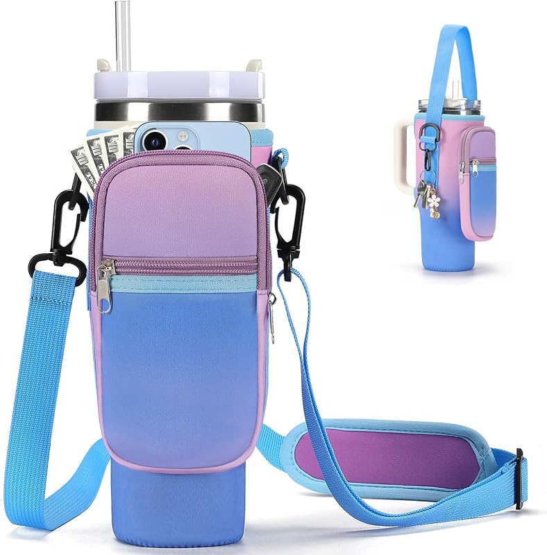 GOEWY Water Bottle Carrier Bag for Stanley Cup 40/30oz with Phone Pockets | Built-In Hand Handle, Adjustable Shoulder Strap, Soft Neoprene Material, Multi-Scene Daily Use, Ideal Gift for Outdoor Lovers