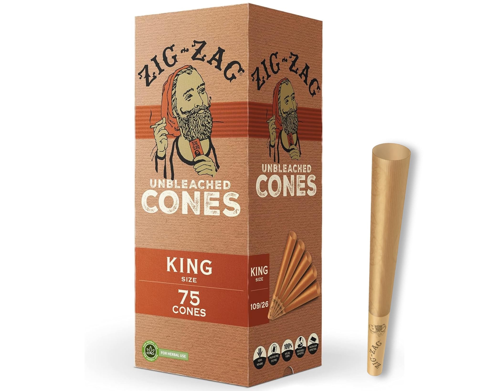Pre Rolled Cones King Size Unbleached (75-Pack) - Slow Burning Pre Rolled Cones with Tips & Packing Tubes Included - Bulk Pack