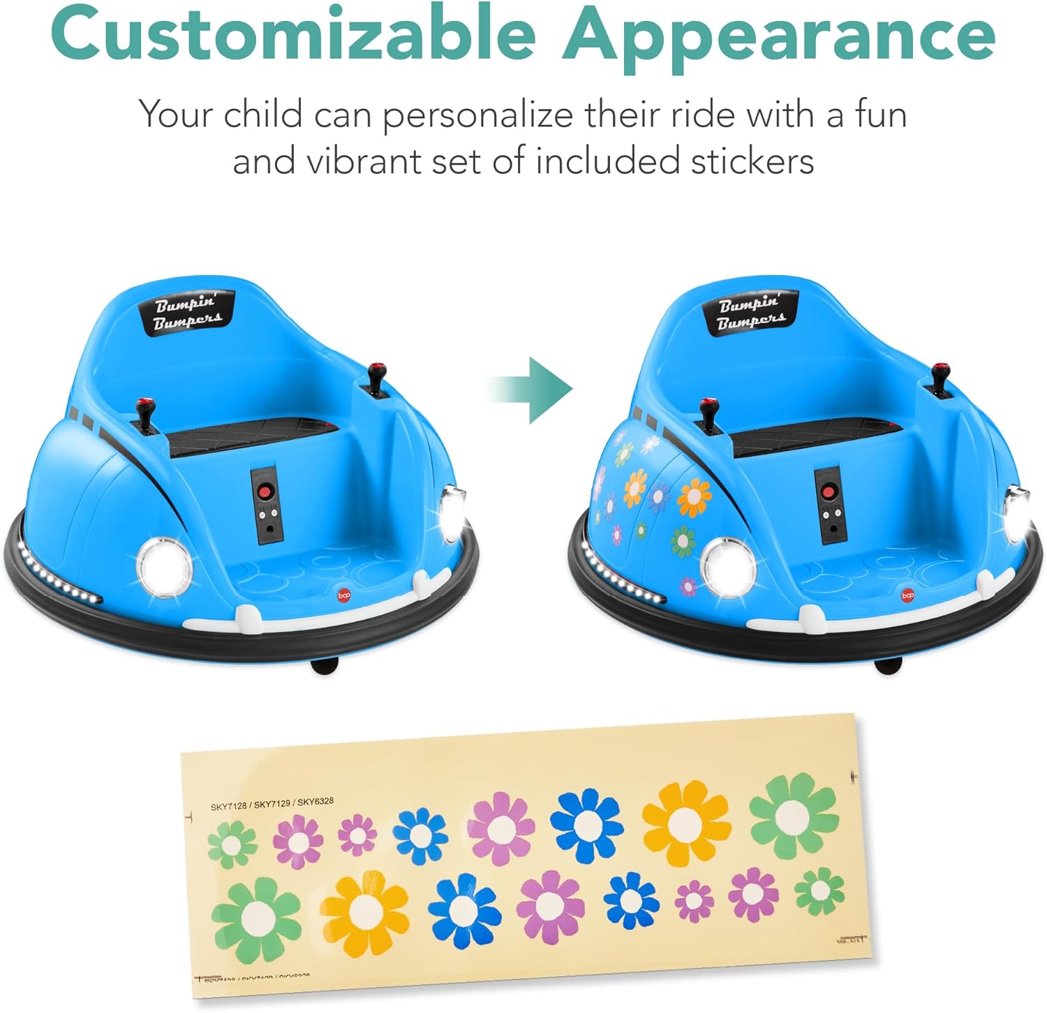 De dalt a baix view of a blue bumper car with dimensions labeled: 27.5 inches diameter and 15.7 inches height