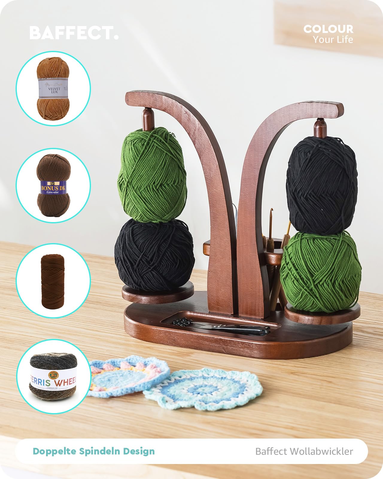 Baffect Wollabwickler Magnetisch, Wollhalter Holz mit Strickzubehör Organizer, Doppel Garnballhalter Ständer für Häkelliebhaber