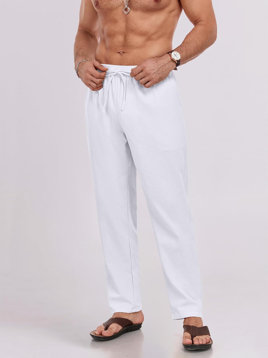 Puimentiua Mens Linen Pants Casual Drawstring Loose Lightweight Mens Pants Yoga Summer Beach Trousers - Image 6