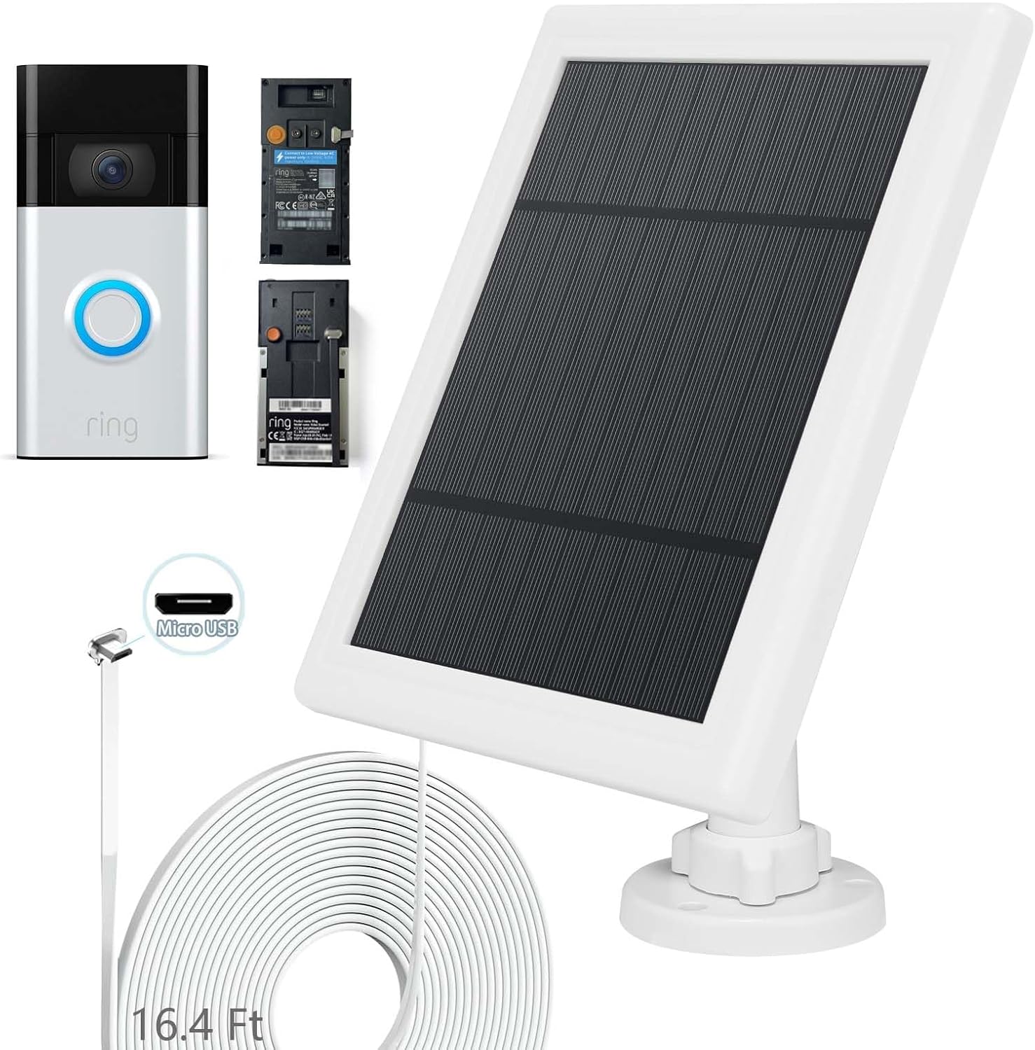 Solar Panel for Ring Doorbell 5W 5V Solar Charger Pefect for Ring Video Doorbell (2nd Gen - 2020 Release), Micro USB Port IP65 16.4ft Waterproof Charging Cable, 360°Adjustable Mount