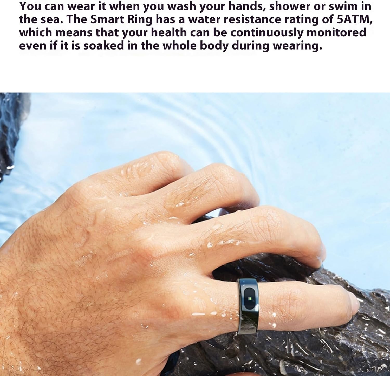 XIEFEI Smart Ring R08 being worn on a hand submerged in water, demonstrating 5ATM water resistance