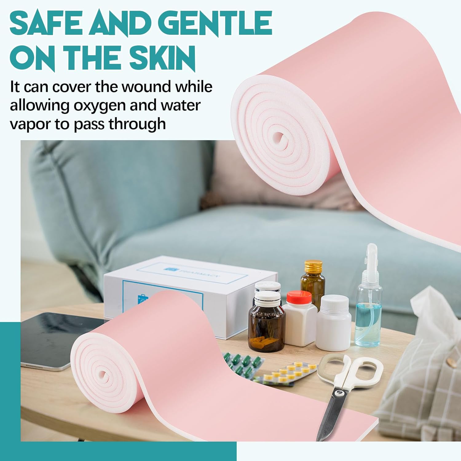 Geiserailie Foam Dressing Roll 4 x 48 Inch Sterile Non-Adhesive Hydrophilic Pads Without Border Polymeric Membrane Wound Dressing for Wound Care