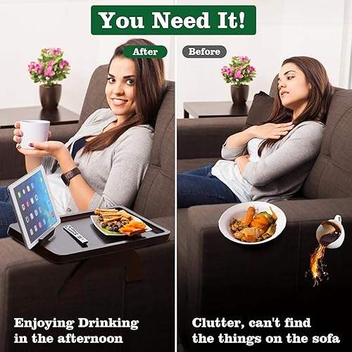 Miniatura 9 de Mesa de brazo para sofá, bandeja con clip para reposabrazos con soporte para teléfono, mesa de sofá para sala de estar y dormitorio (nogal grande,