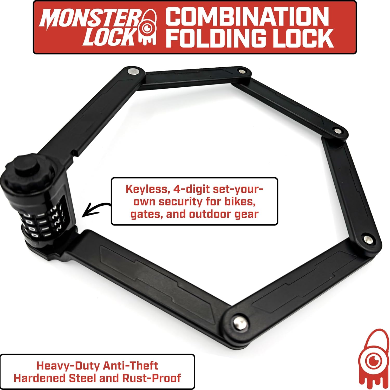 Monster Folding Bike Lock – Heavy-Duty Anti-Theft Hardened Steel, Rust-Proof, Foldable Compact High-Security Lock for Bicycle, Scooter & Motorcycle