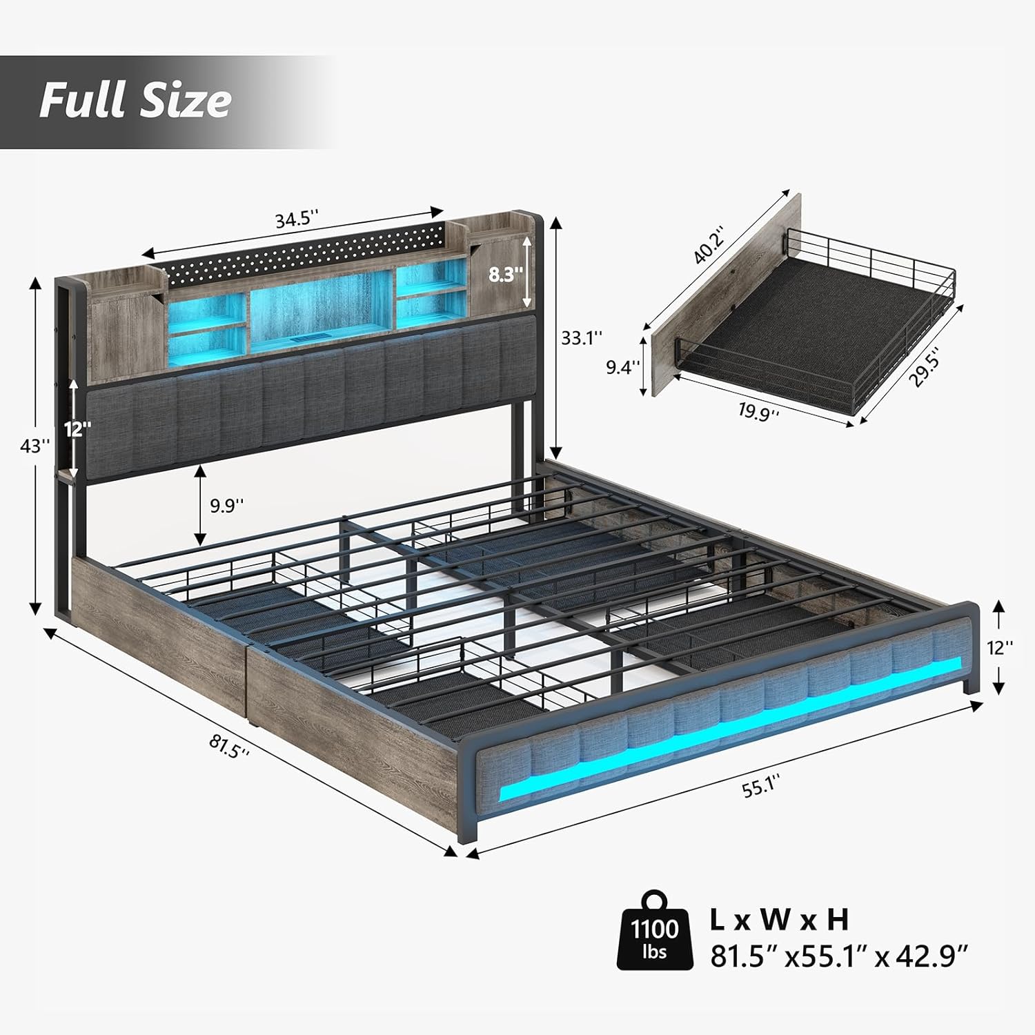 Full Bed Frame with 4 Storage Drawers and Bookcase Headboard, Upholstered Bed Full Size with USB Charging Station & LED Lights, Metal Platform Bed with Storage, No Box Spring Needed, Oak Gray Full Storage Headboard & Drawers