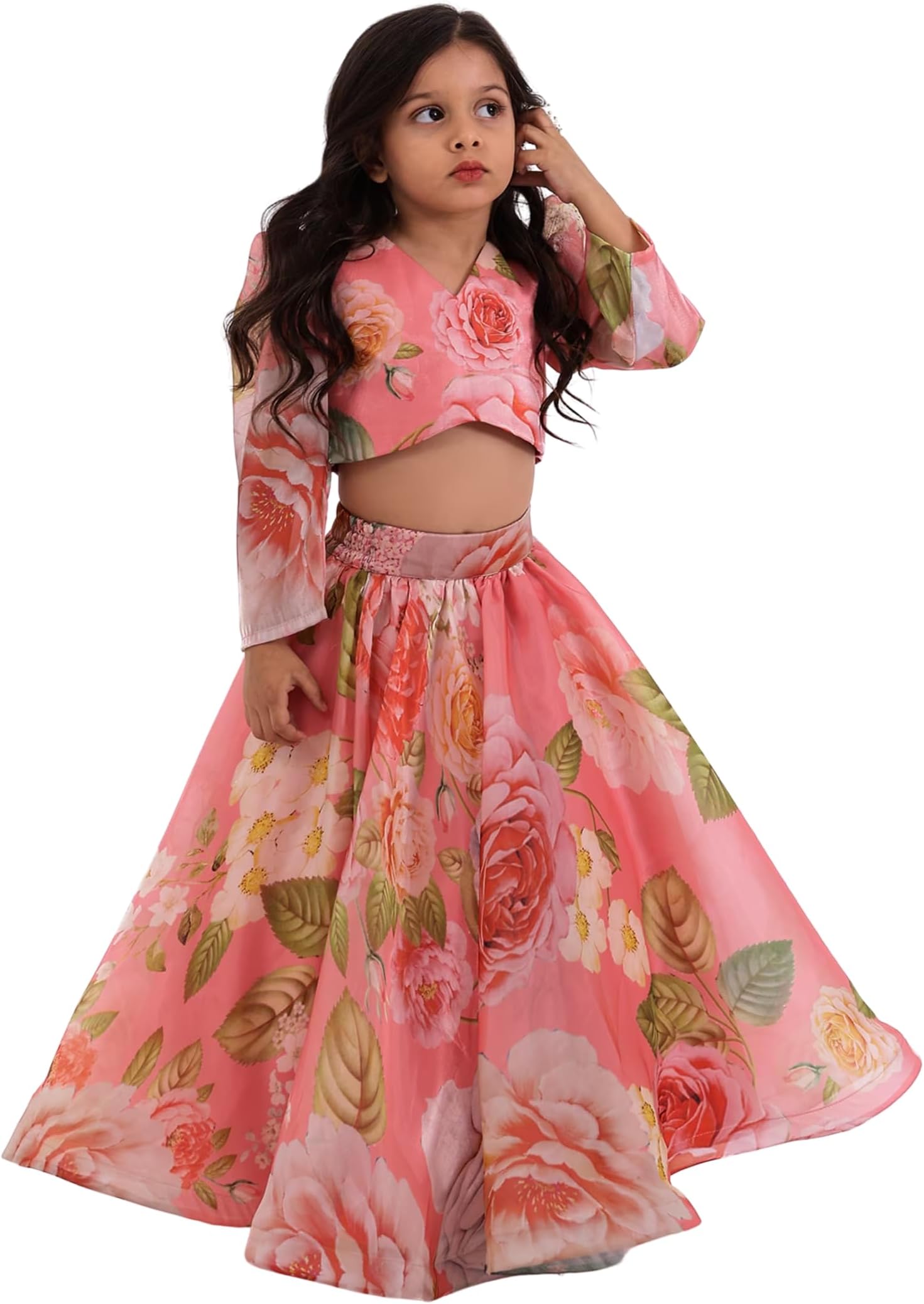 Girl's Georgette Floral Print Lehenga Choli for Girls | Stylish Ethnic Wear With Crop Top & Long Flared Skirt | Party & Wedding Outfit