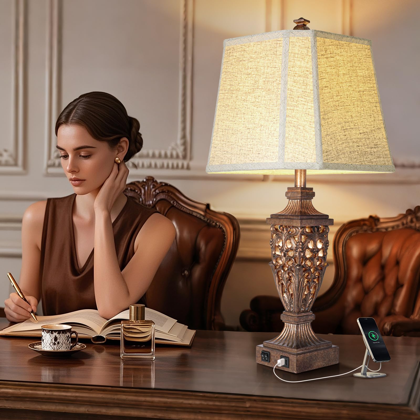 Scenekoy Set di 2 lampade da tavolo vintage in bronzo da 72,4 cm con luce notturna, lampada da comodino, paralume angolare in lino beige, porte USB per testiera, aria condizionata, camera da letto