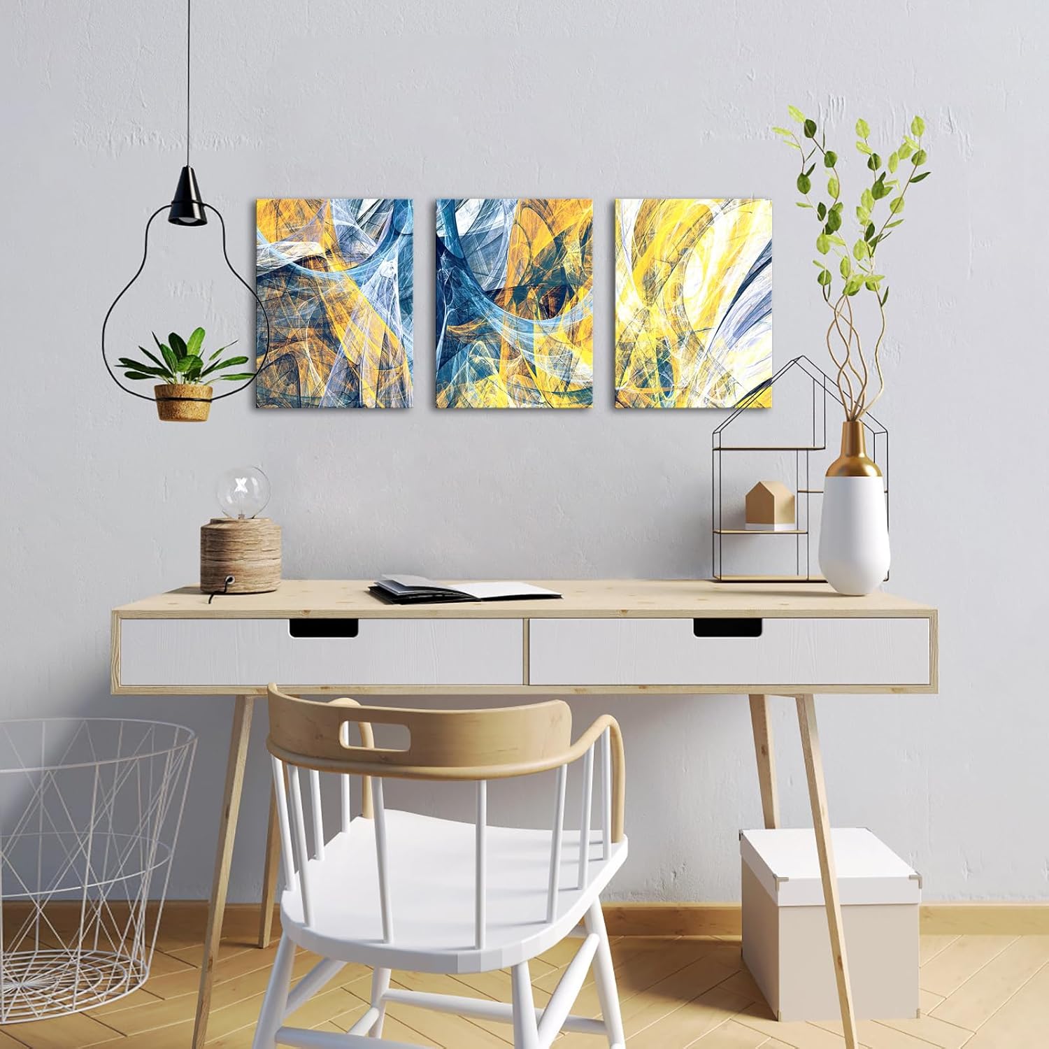 VANSEEING 3 Pieces Blue and Yellow Abstract Canvas Wall Art Line Drawings Print Paintings Modern Artwork Wall Decor for Living Room Bedroom 12x16inchx3pcs