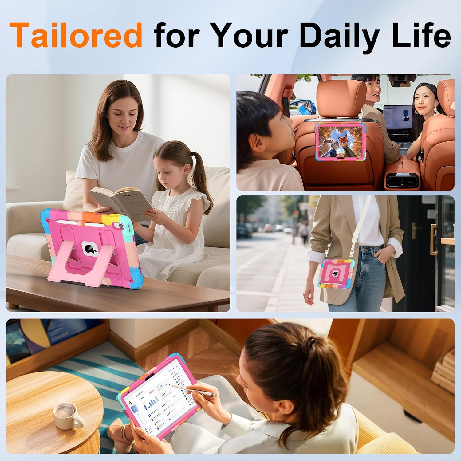 Case for iPad A16 11th/10th Generation 11/10.9 Inch 2025/2022, Auorld for ipad a16 case 11 in 2025 Military Grade Shockproof Cases with Kickstand Pencil Holder Shoulder Strap, Colorful Pink