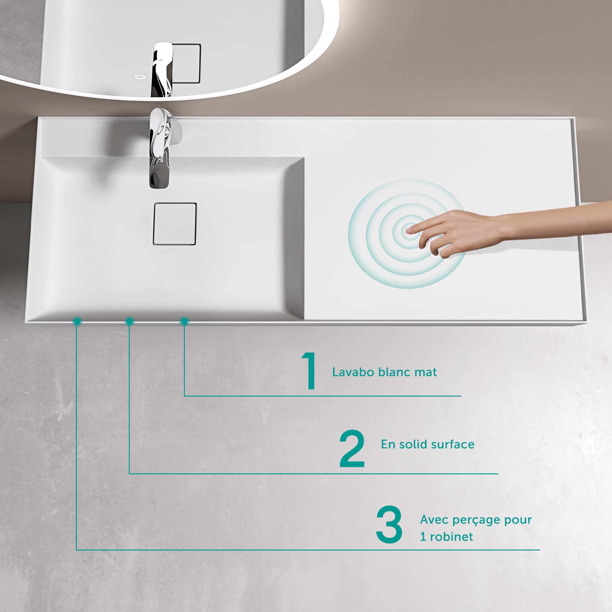 doporro Lavabo Bagno Sospeso 120 cm Rettangolare in Resina Bianco Opaco con Vasca Integrata Centrale e Piletta Inclusa – Colossum630