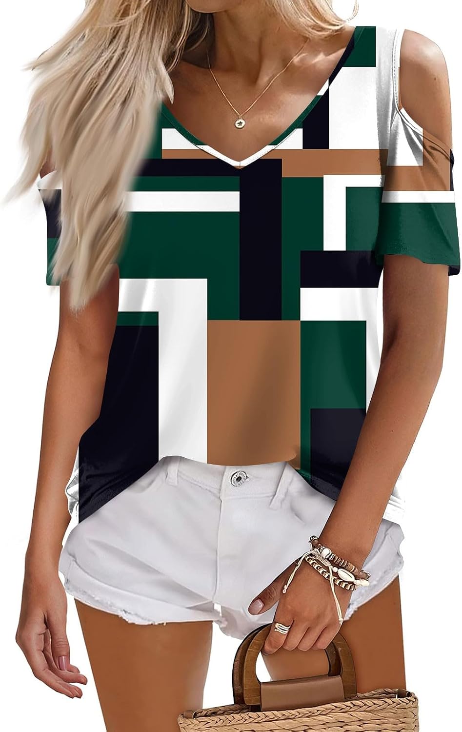 Women's Casual Summer Tops, Short Sleeve Cold Shoulder V Neck T Shirts Casual Loose Blouses, S-3XL