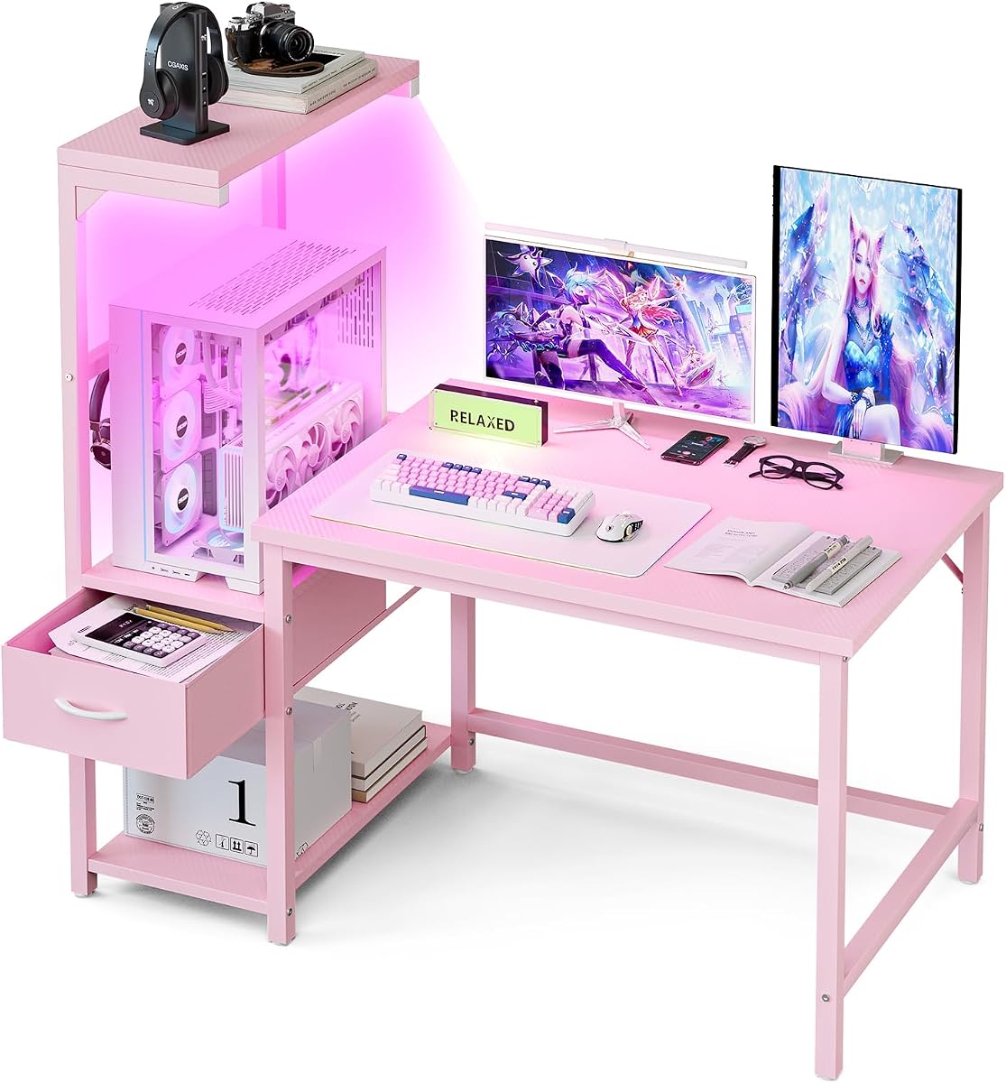 Grandder Gaming Desk 41 Inch with CPU Stand and LED Light, Computer Desk with Reversible Shelves and Storage Drawer, Pc Small Desk for Home Office Table with Bag, Pink