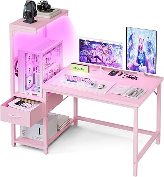 Grandder Gaming Desk 47 Inch with CPU Stand and LED Light, Computer Desk with Reversible Shelves and Storage Drawer, Pc Small Desk for Home Office Table with Bag, Pink