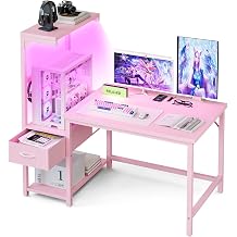 Grandder Gaming Desk 120 cm with CPU Stand and LED Light, Computer Desk with Reversible Shelves and Storage Drawer, Pc Small Desk for Home Office Table with Bag, Carbon Fiber Pink