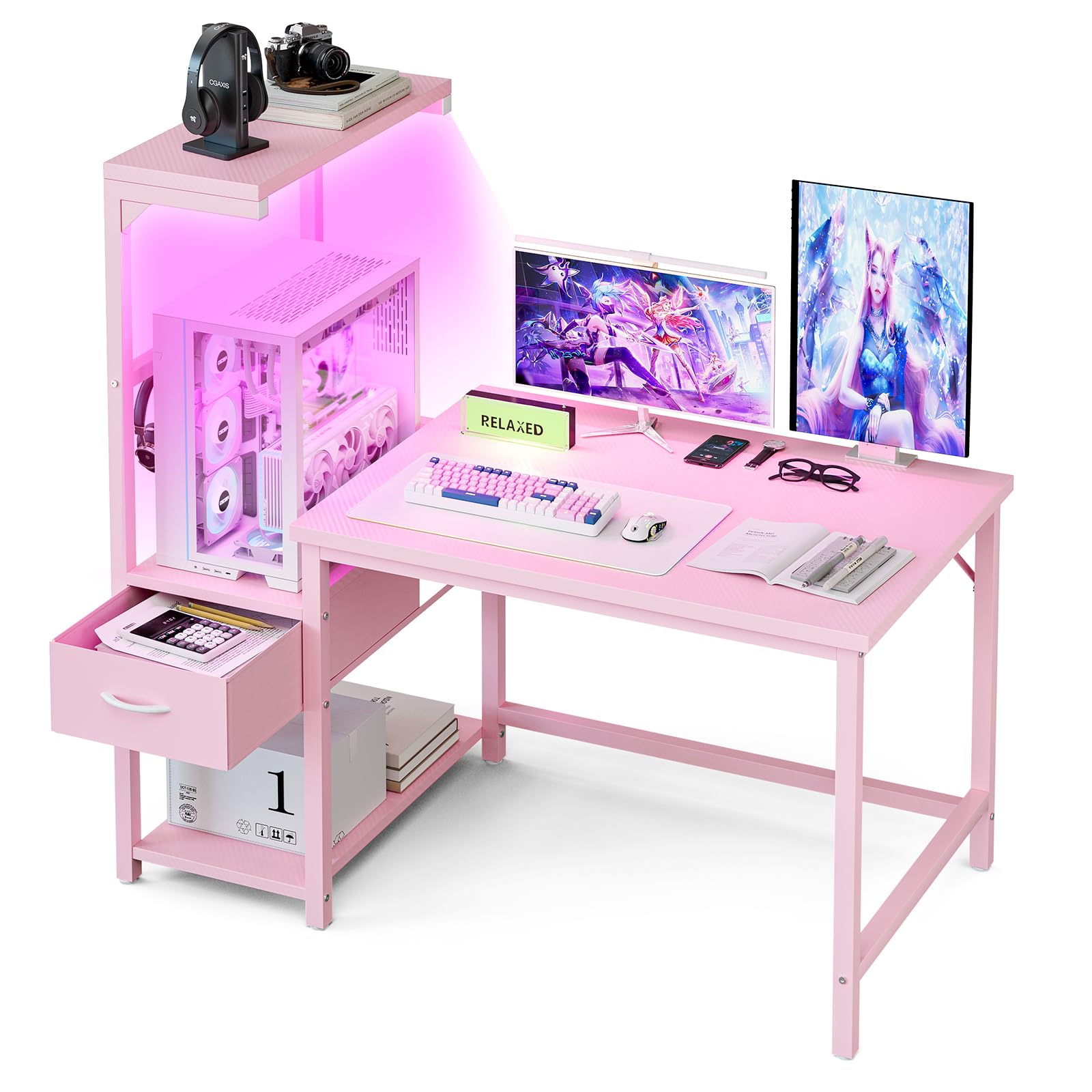 Grandder Gaming Desk 120 cm with CPU Stand and LED Light, Computer Desk with Reversible Shelves and Storage Drawer, Pc Small Desk for Home Office Table with Bag, Carbon Fiber Pink