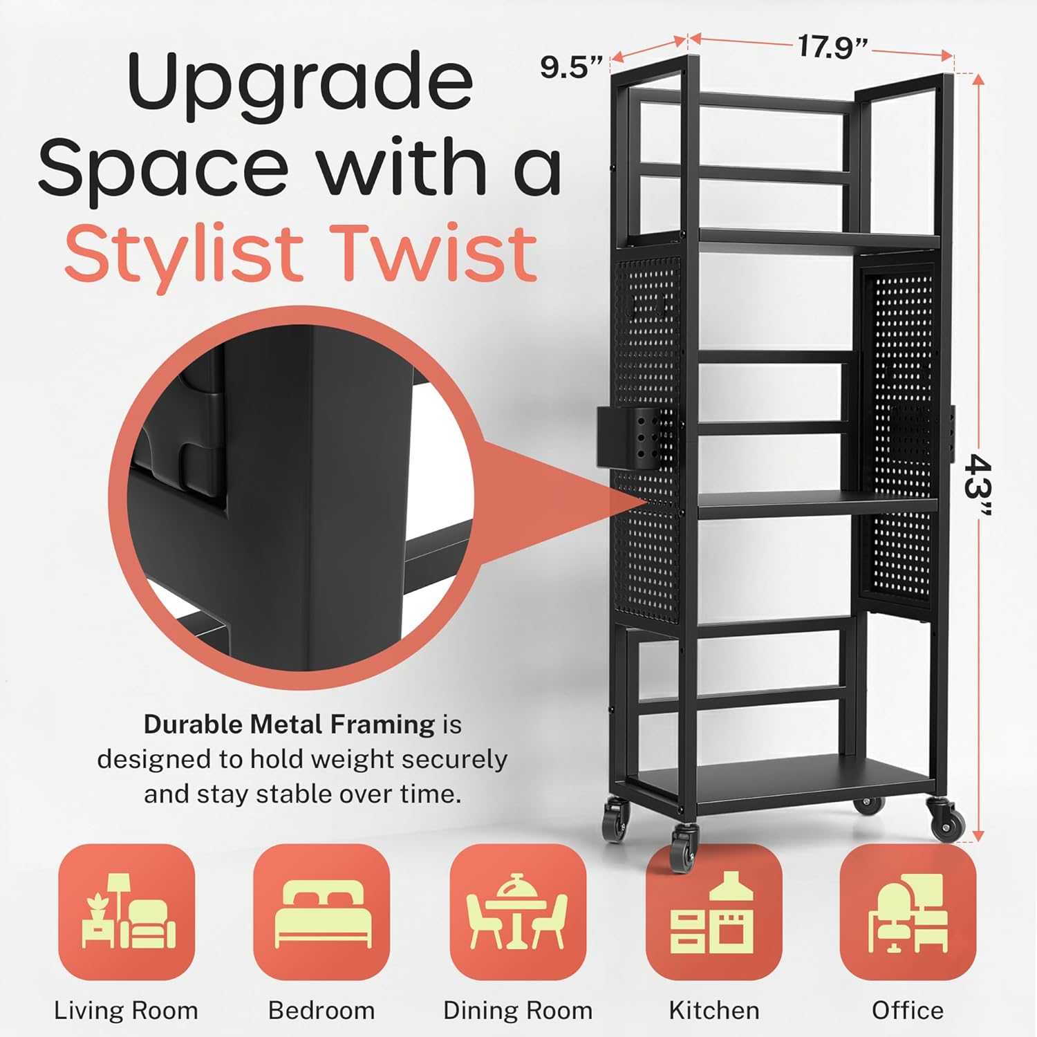 Rolling Book Cart with Wheels, 3-Tier Portable Bookshelf, Vinyl Record Storage Cart for Albums & Record Player Stand, Storage Organizer with Side Hooks & Bins for Classroom, Office, Books & Magazines