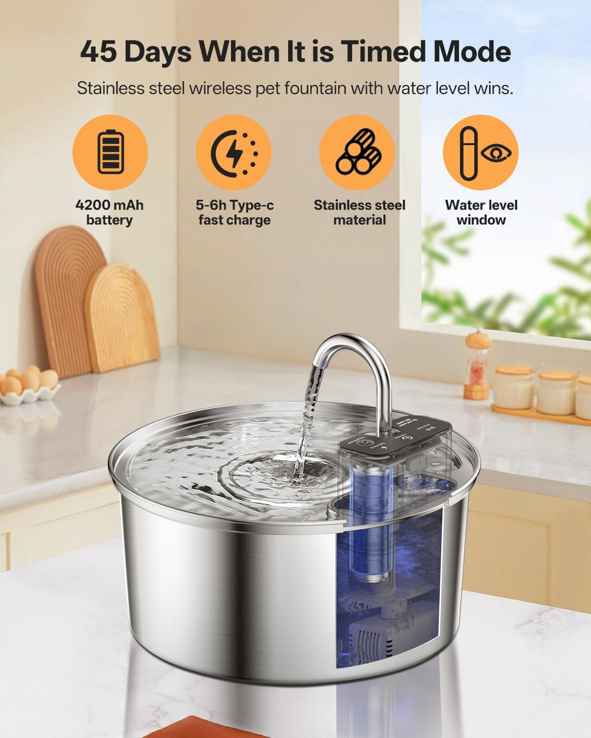 Fuente Para Gatos Inalámbrica Con Sensor De Movimiento Y Batería De 45 Días, Acero Inoxidable, 3.2 Litros, Incluye Filtro