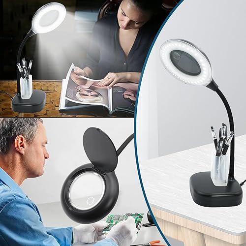 Miniatura 5 de Lupa 2 en 1 10X con luz y soporte, lámpara de escritorio con aumento de cuello de cisne flexible, lupa de luz ajustable con soporte para bolígrafo