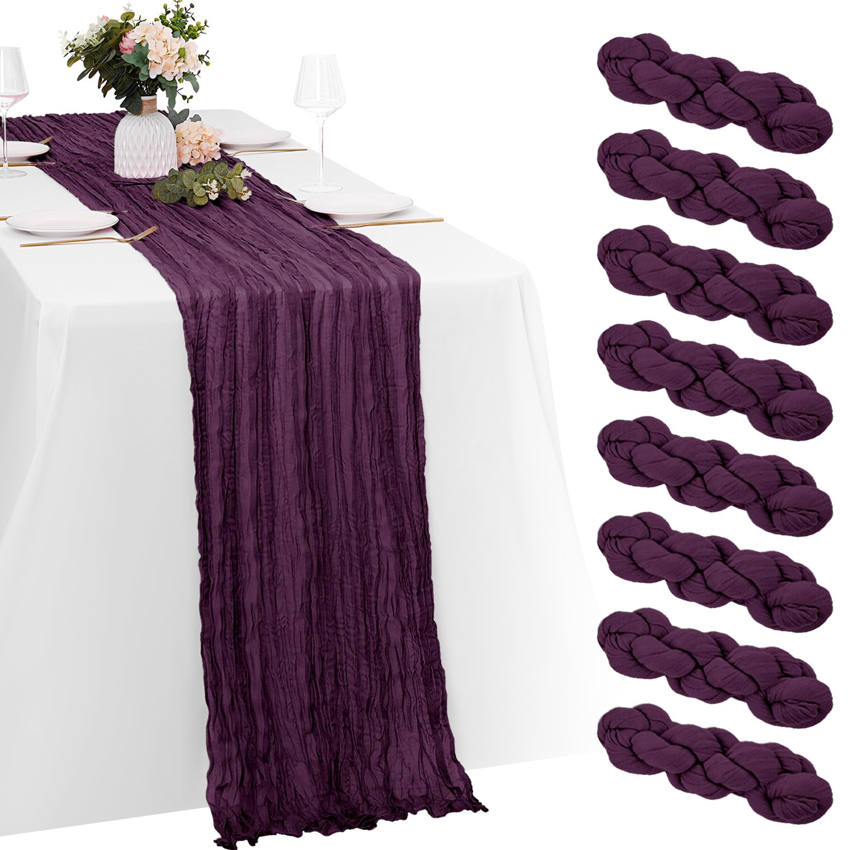 Yorcari 8 Pack Dark Purple Cheesecloth Table Runners