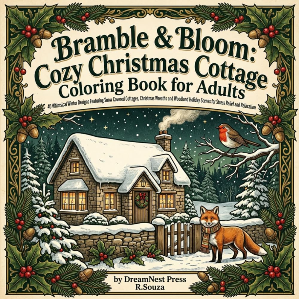 Bramble & Bloom: Cozy Christmas Cottage Coloring Book for Adults: 40 Whimsical Winter Designs Featuring Snow Covered Cottages, Christmas Wreaths and ... Scenes for Stress Relief and Relaxation