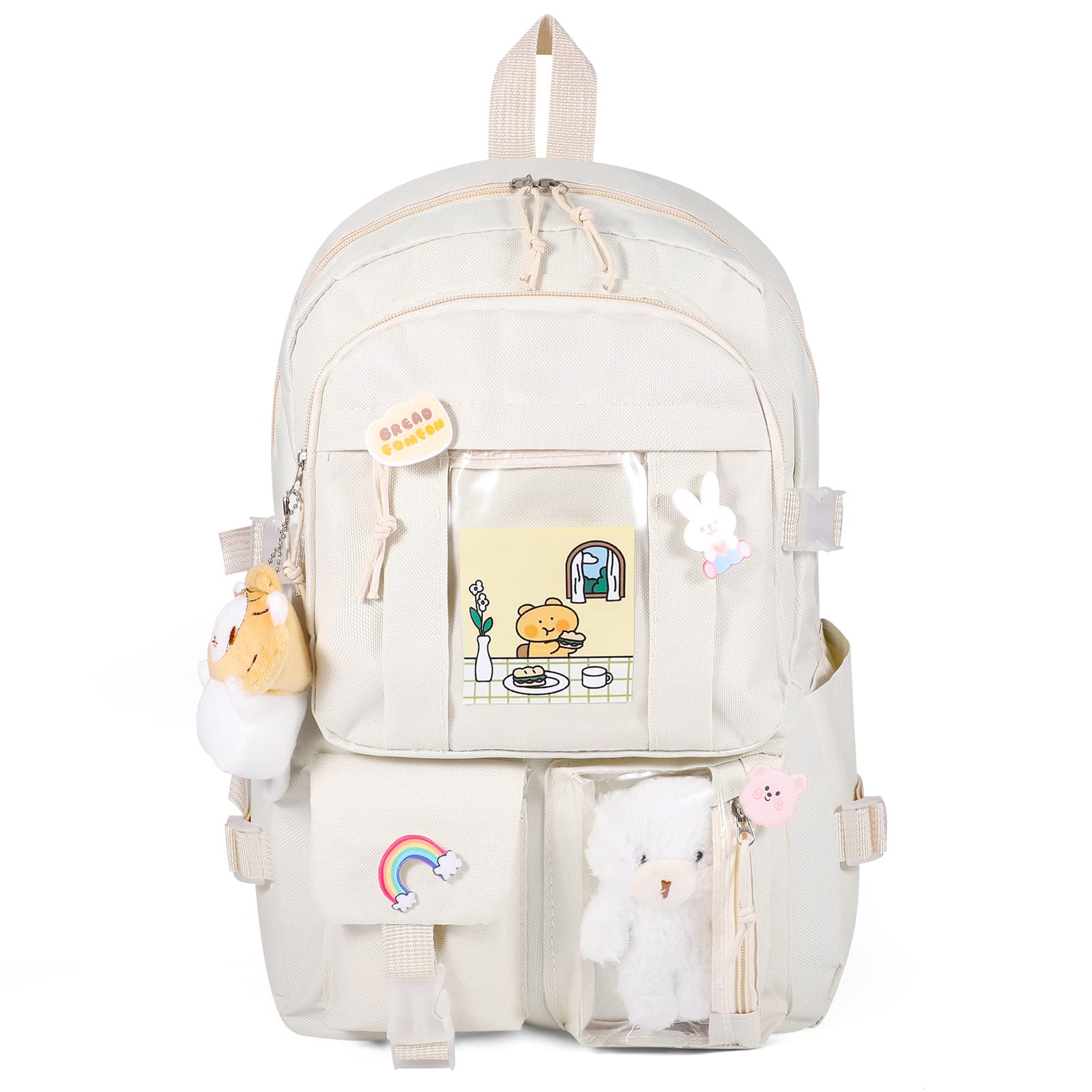 HuaJiao Kawaii Backpack, Large Capacity Kawaii Rucksack With Bear Pendant and Kawaii Accessories Japanese School Bag JK Anime Shoulder Bag For Girls 44x31x14cm/17x12x5.5in, Beige