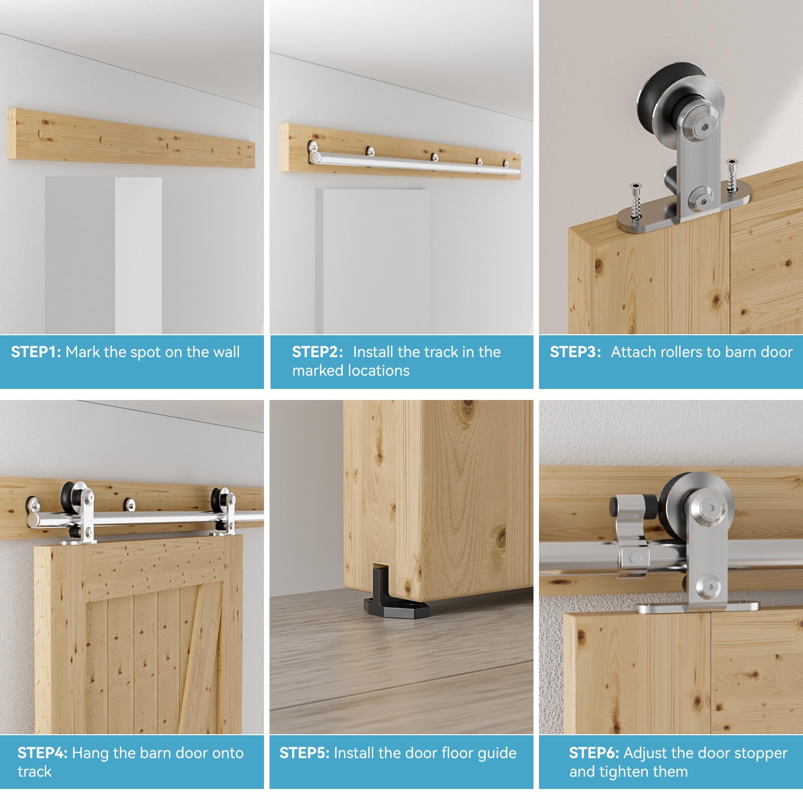 Rail Porte Coulissante Inox 200cm Kit Roulette Suspendue Systeme Noir pour 1 Porte Coulissante Interieur 100cm Large, Acier Inoxydable T Forme