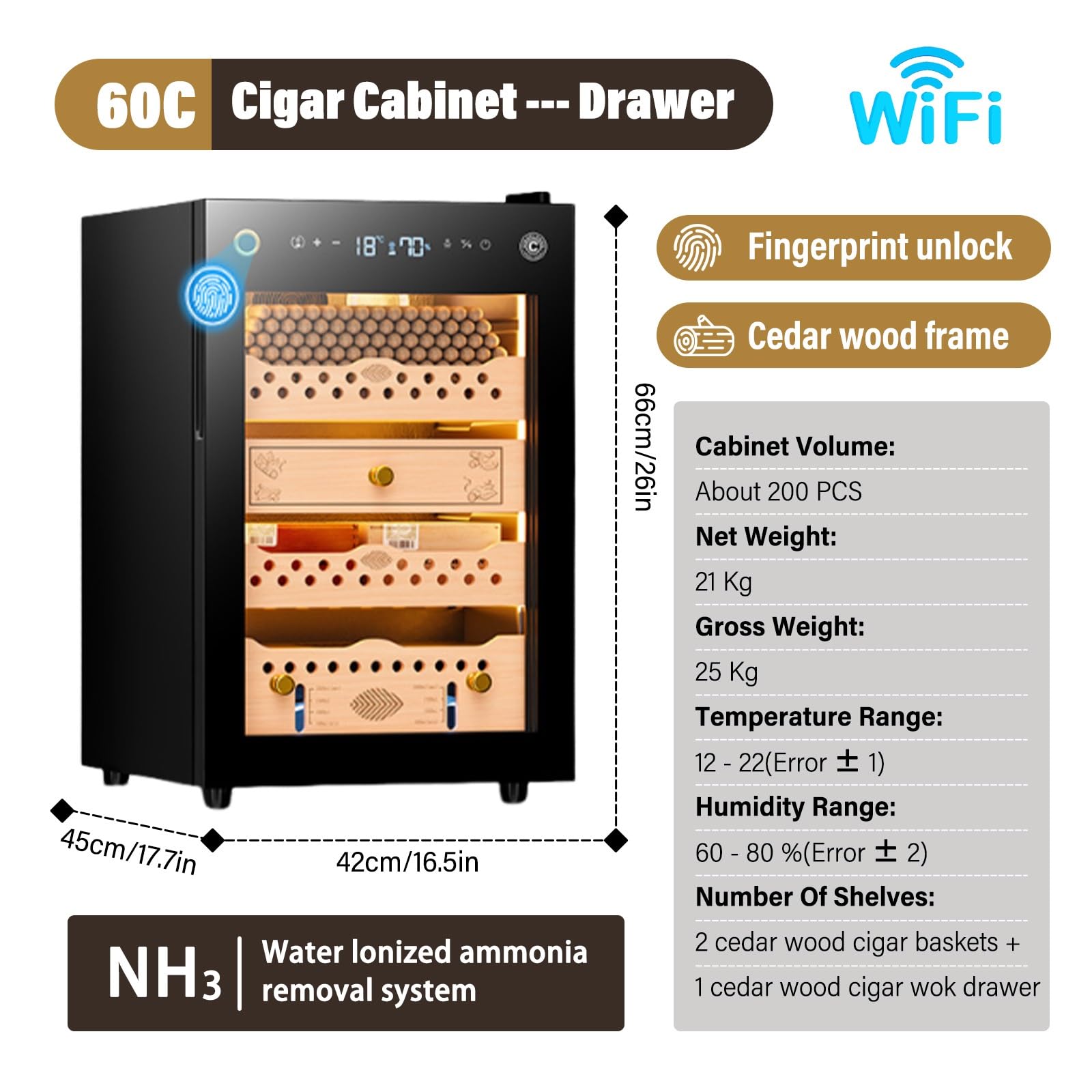 Humidor Für Zigarren Groß 60l Bis 200 Zigarren Elektrischer Zigarrenschrank Mit Zedernholz Innenraum WLAN Und Fingerabdruck Schloss Mit Temperatur Und Feuchtigkeit Einstellung(Drawer)